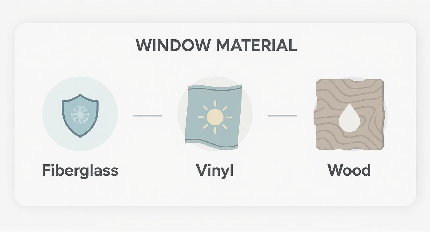 Three window material options displayed: fiberglass with snowflake shield, vinyl with sun icon, and wood with water droplet