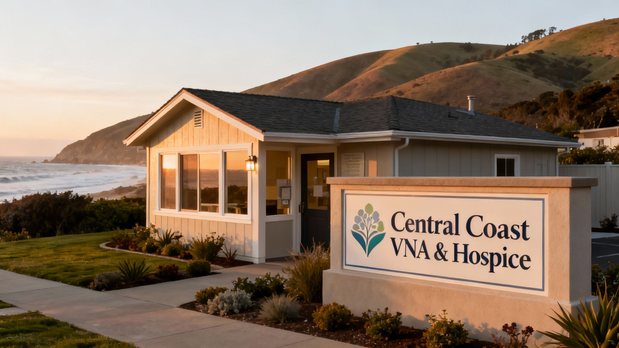 A compassionate Central Coast VNA & Hospice team member smiles warmly while talking with a family in their home.