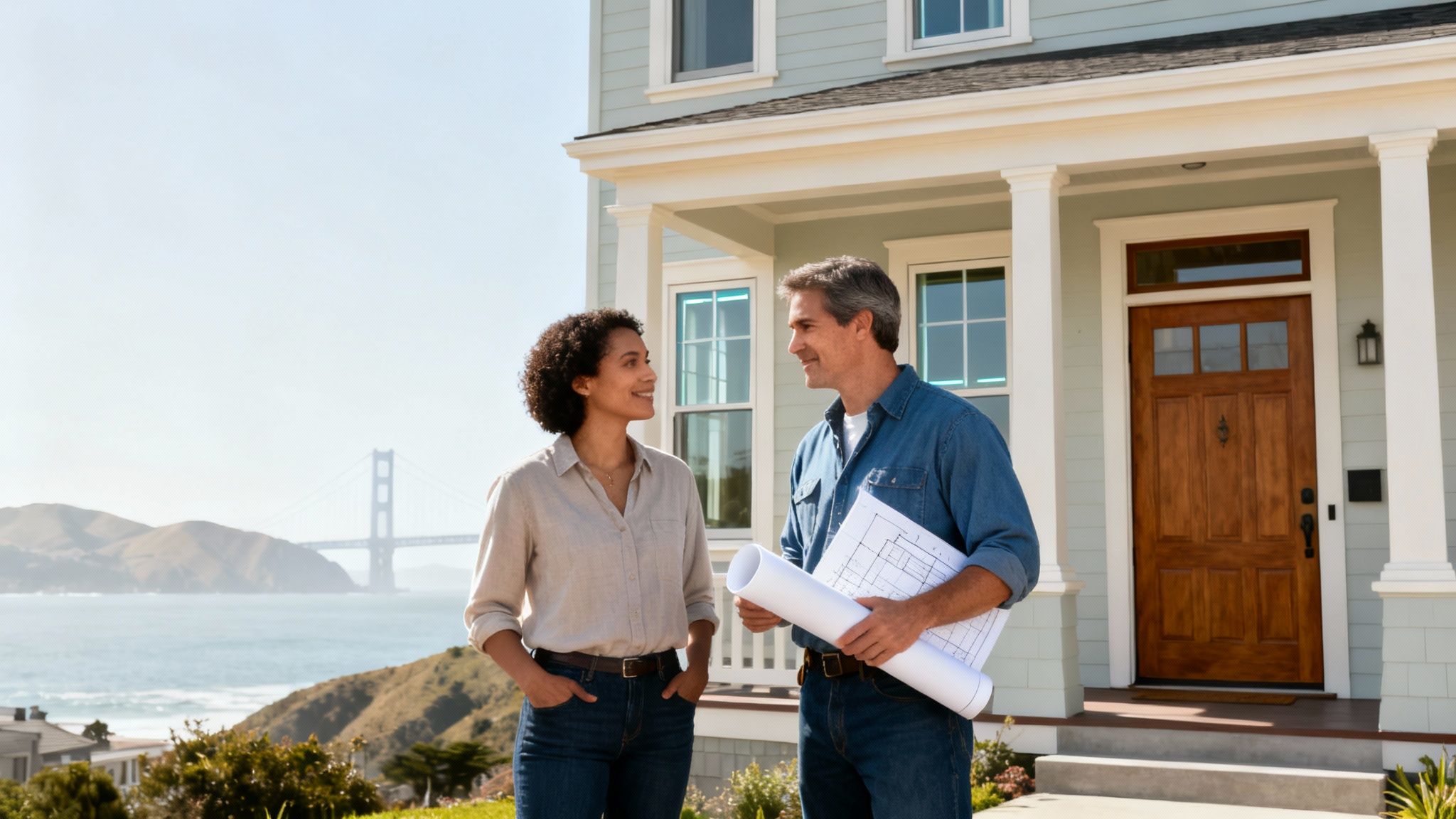 A man and a woman discussing construction plans outside a house with the Golden Gate Bridge in the background.