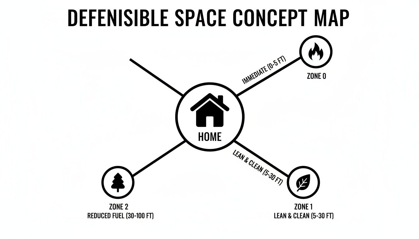 Defensible space concept map showing a home at the center with radiating fire mitigation zones.