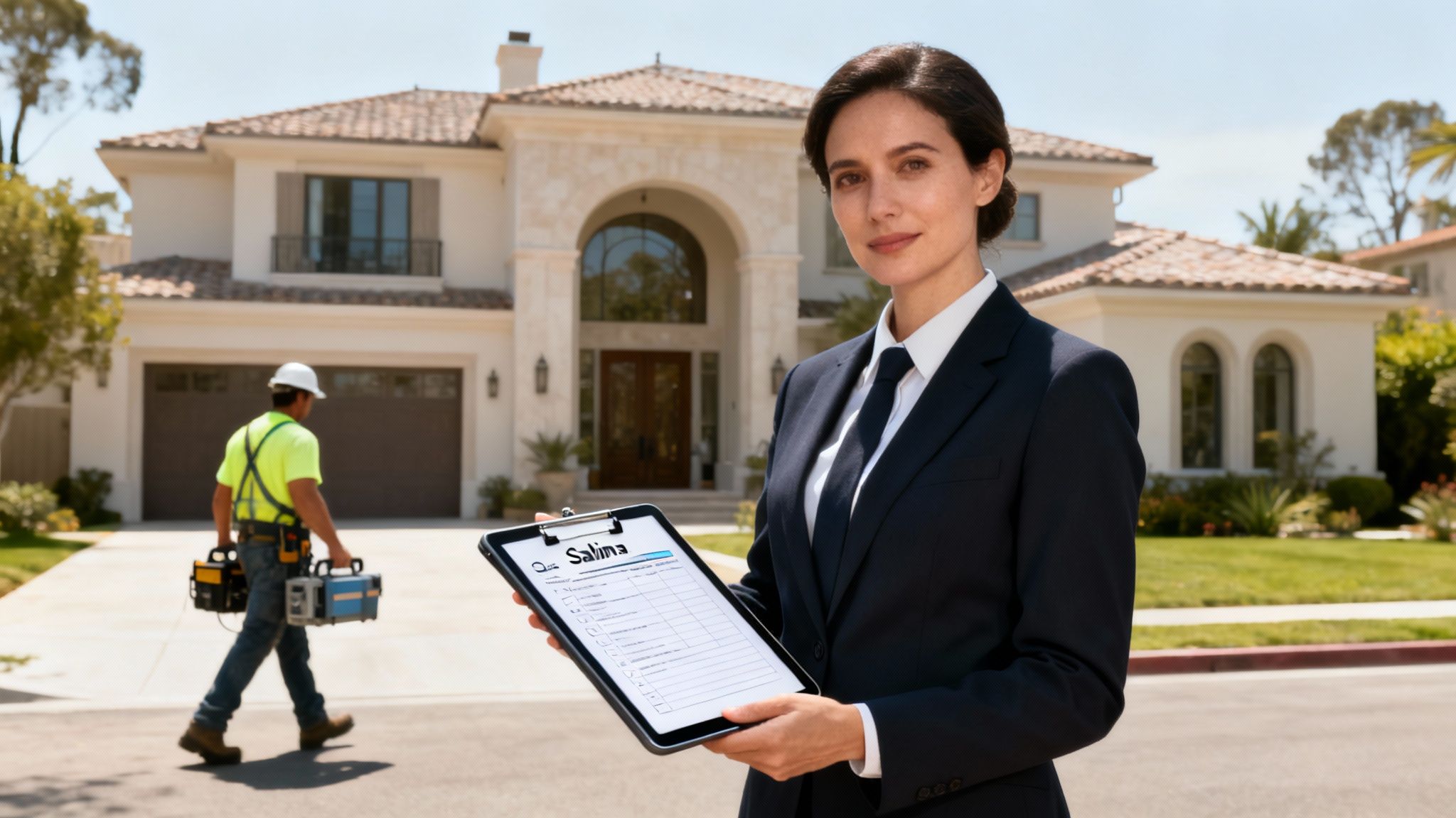 A businesswoman holds a clipboard in front of a luxury home, with a worker carrying tools.