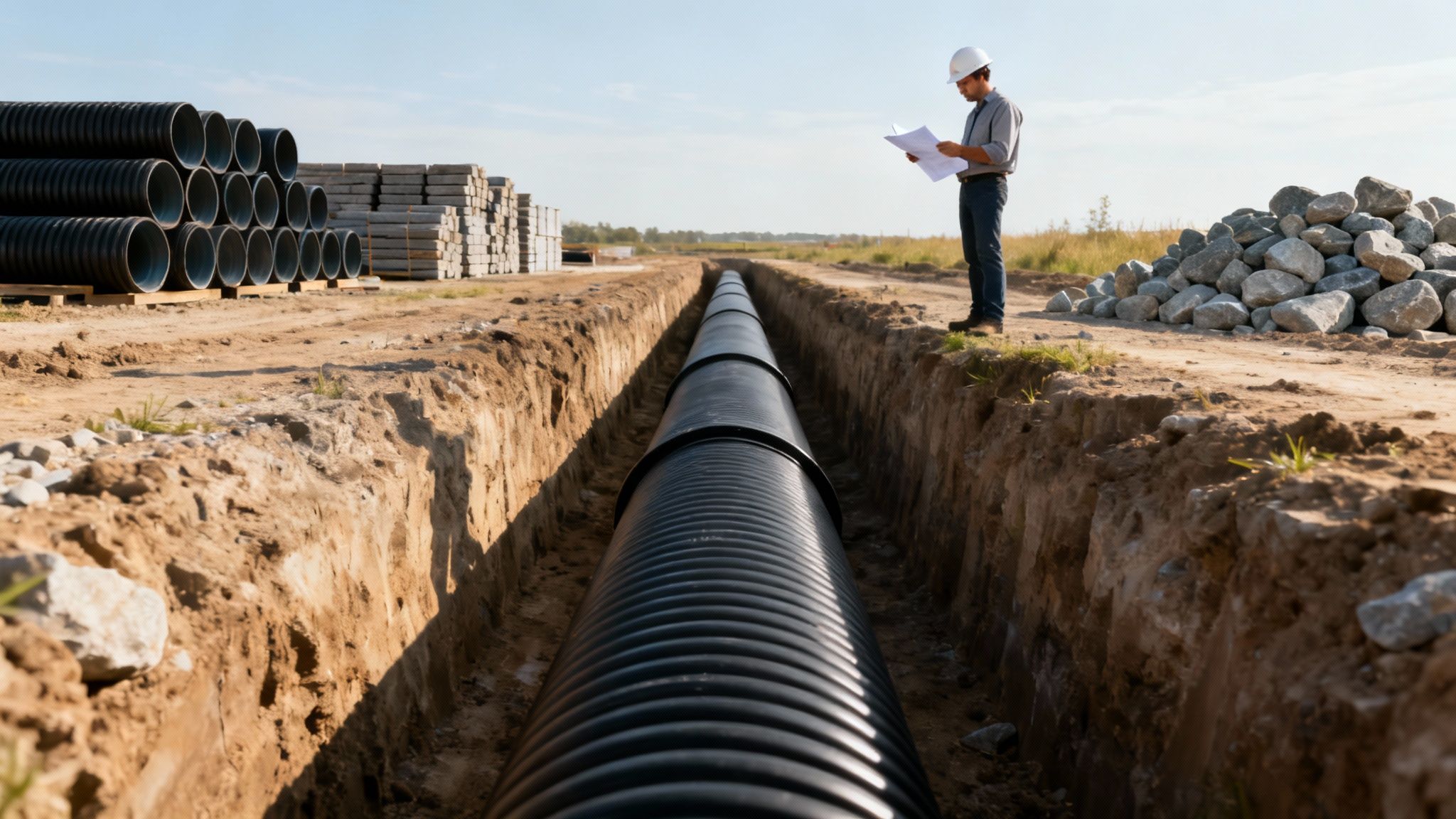 A construction worker in a hard hat inspects plans beside a trench with a large drainage pipe.