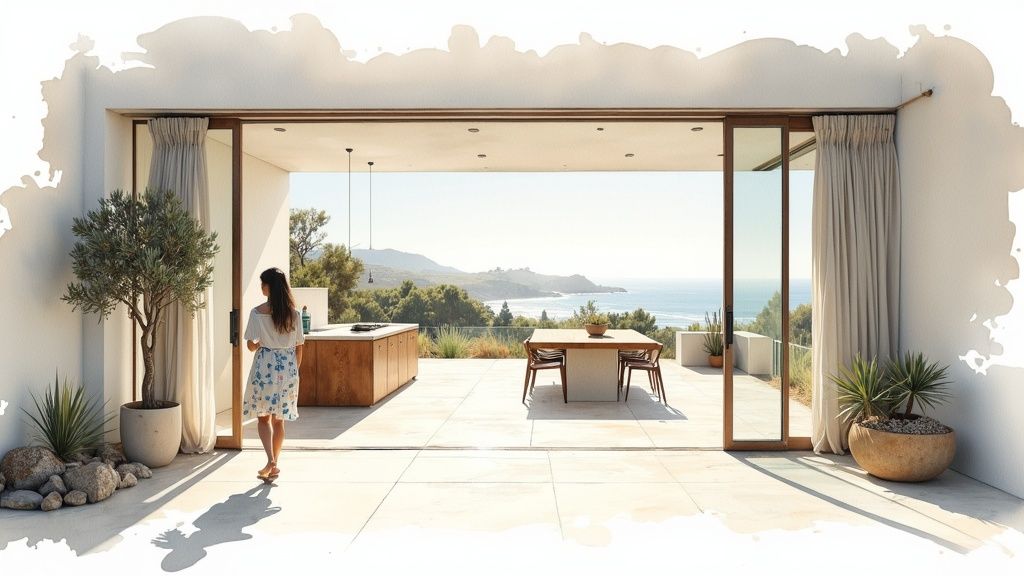 A woman walks into a modern house with an open view of the ocean and mountains.