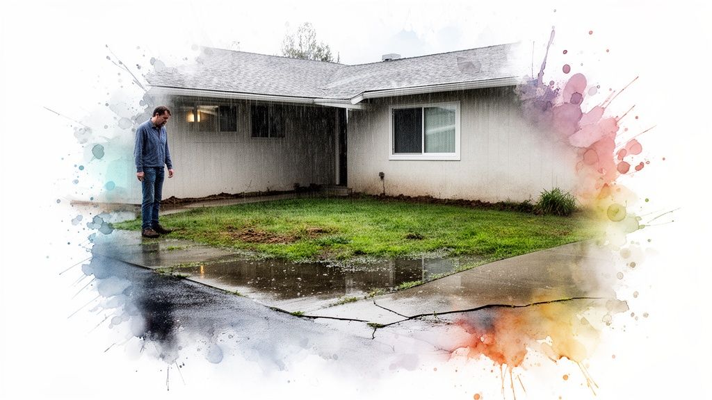 Man stands in rain outside a house with a waterlogged yard and cracked driveway, showing flood risk.