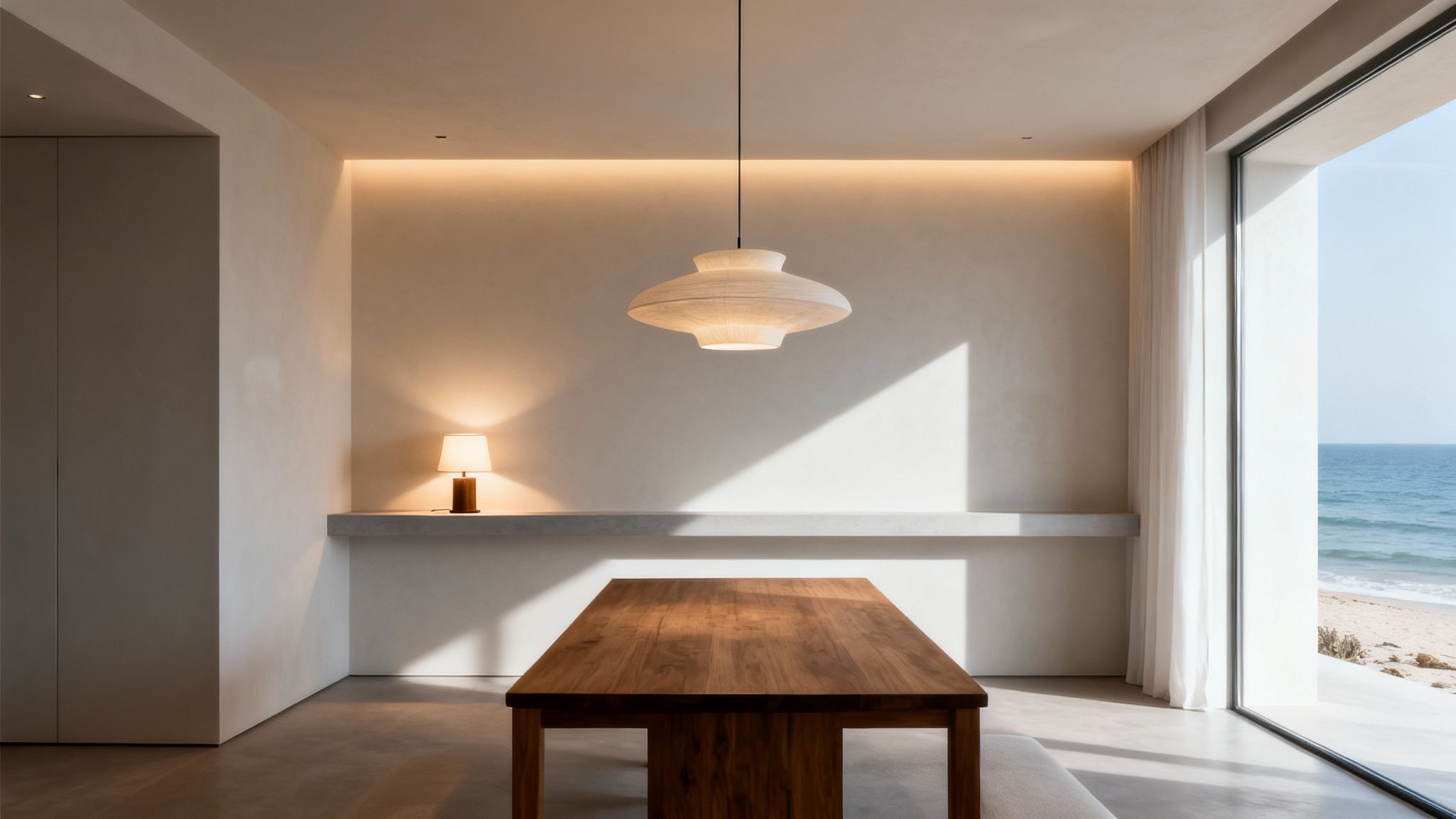 Modern dining room with a wooden table, unique pendant lamp, and stunning ocean view.