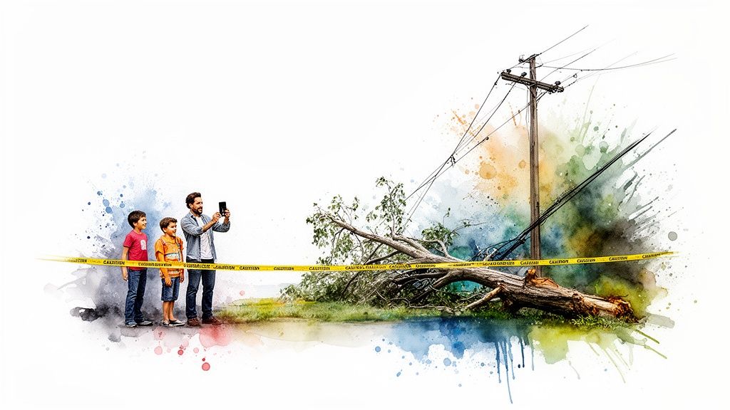 People behind caution tape view storm damage with a fallen tree and power lines.
