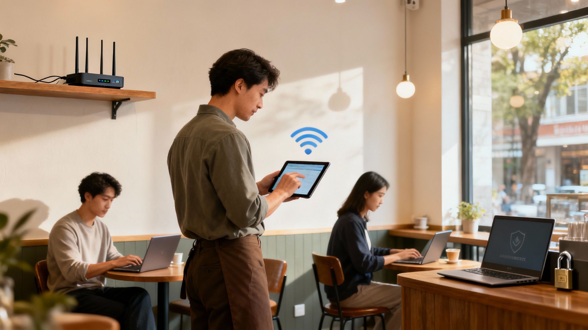 A modern router with glowing blue lights, symbolizing a secure and strong Wi-Fi network connection.