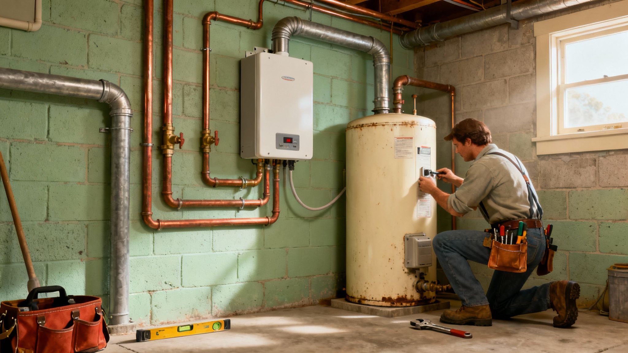 A new, efficient tankless water heater installed on a clean wall, symbolizing modern plumbing.