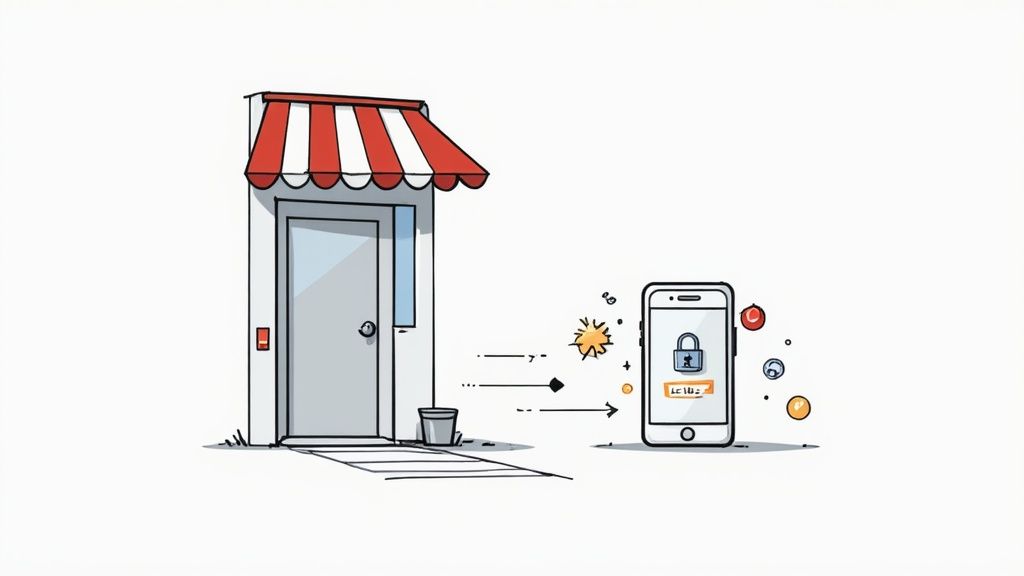A cartoon illustration of a shop entrance connecting digitally to a smartphone displaying a lock icon.