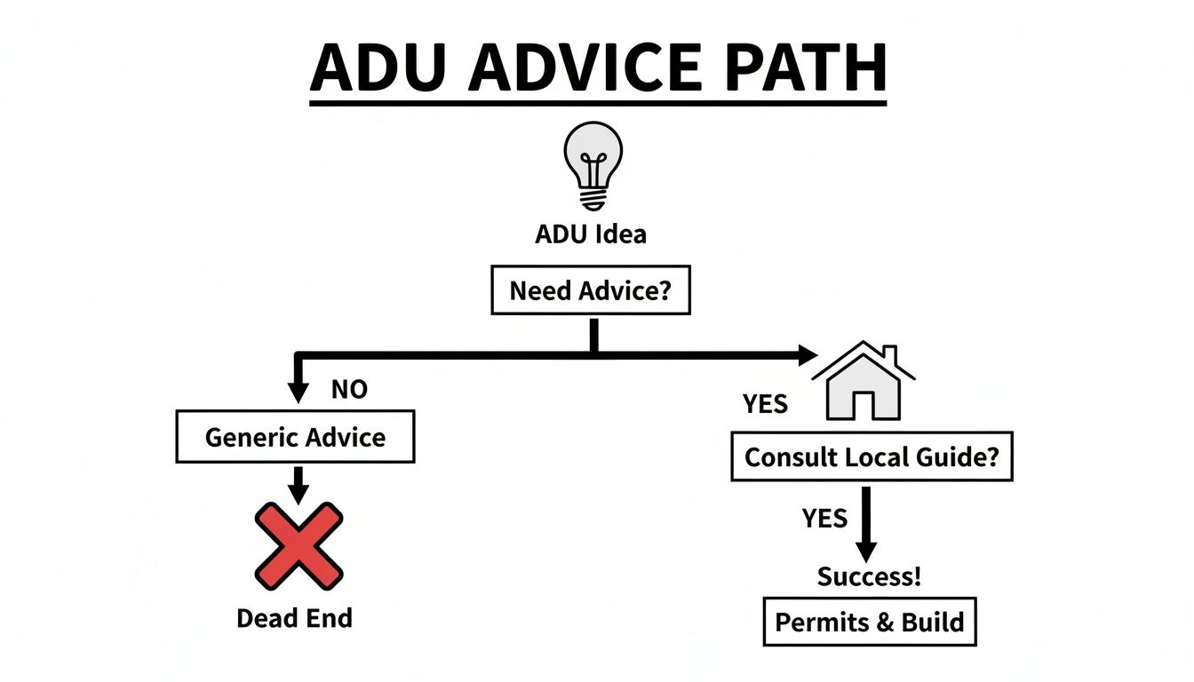 Flowchart illustrating the ADU advice path, highlighting the importance of local guidance for success.