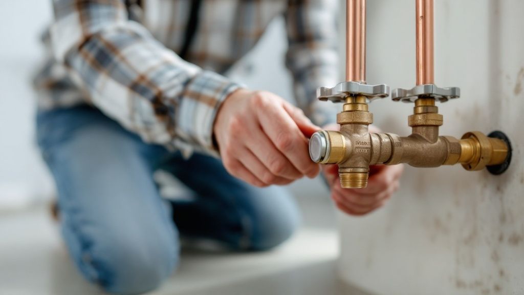 A plumber's hand turning a red water valve handle on a copper pipe.