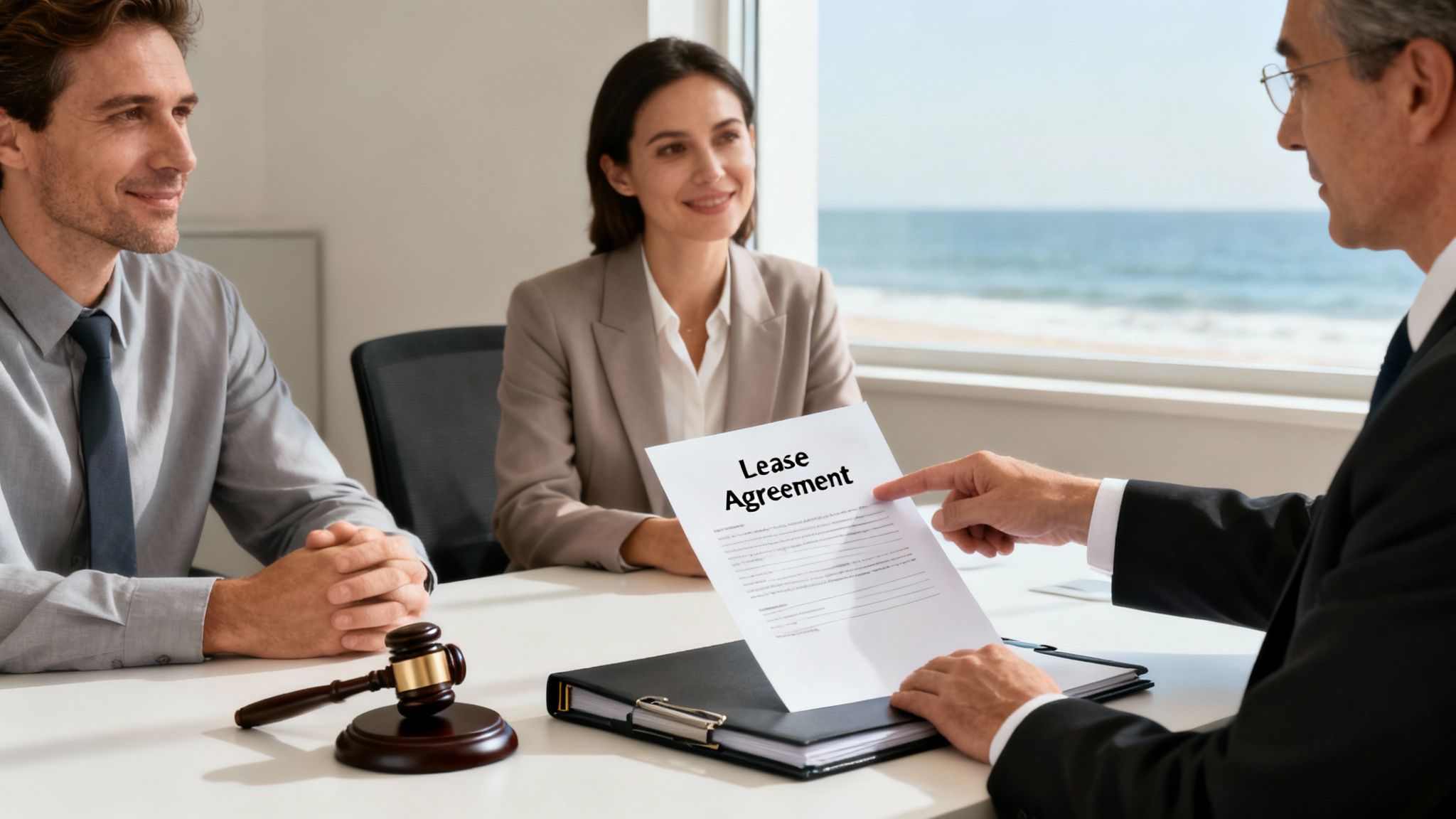 A legal professional points to a lease agreement while two clients listen during a meeting, with a gavel on the table.