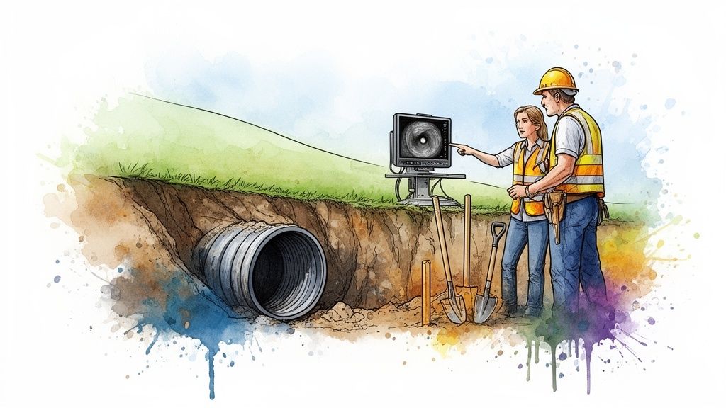 Construction workers inspect an underground pipe with a monitor in a watercolor illustration.