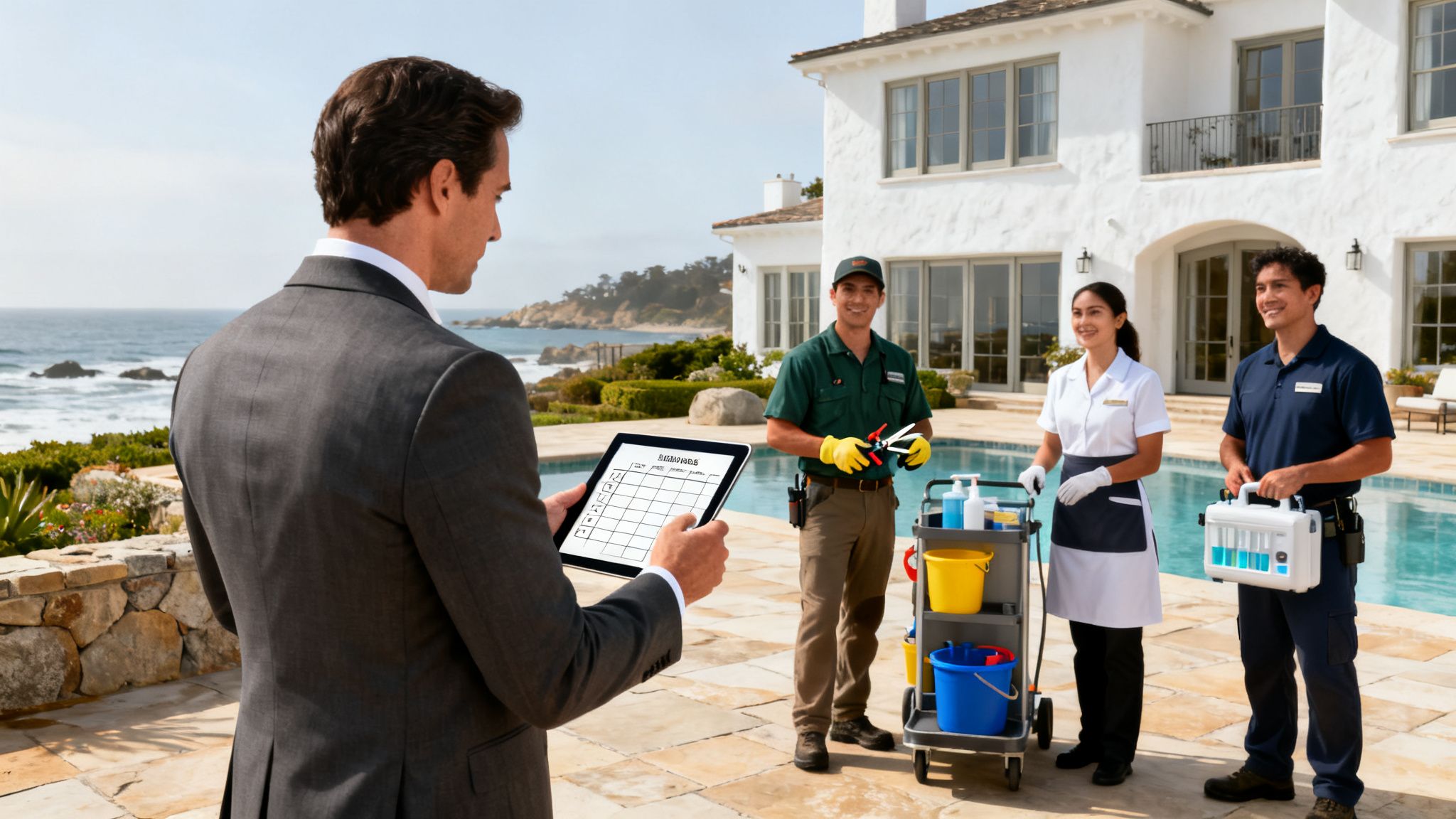A manager with a tablet reviews tasks with a team of estate maintenance professionals by a luxurious pool.