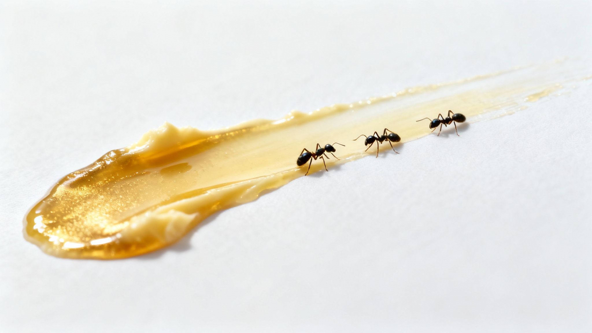 A close-up image of ants crawling on a sliced strawberry.