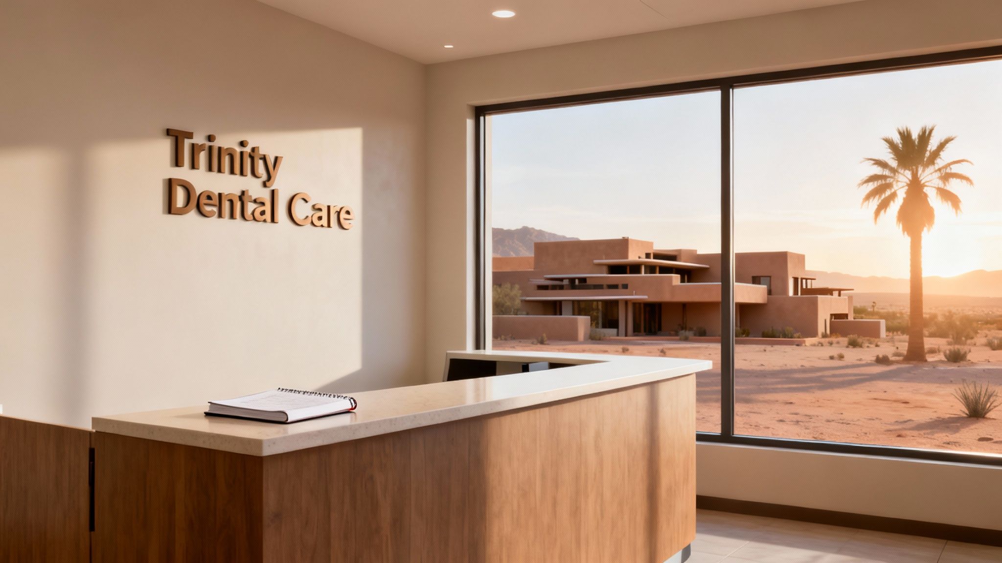 Reception area of Trinity Dental Care with a warm desert view and a modern aesthetic.