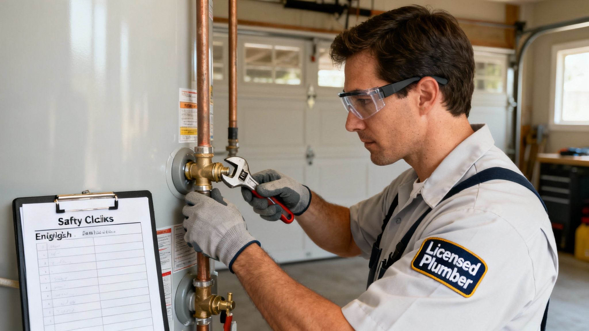 A licensed plumber in safety glasses and gloves uses a wrench to work on a water heater.
