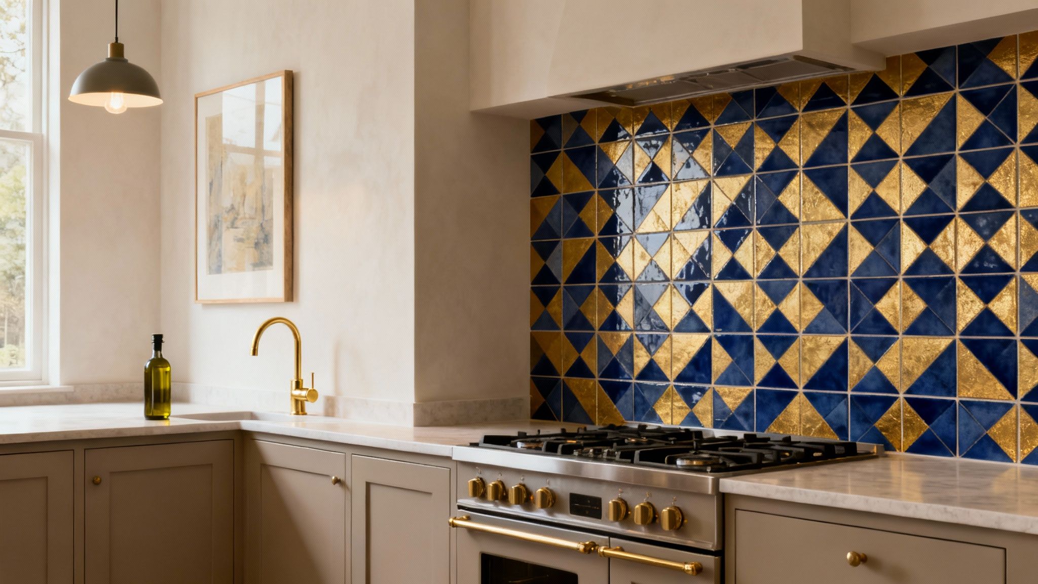 A modern kitchen features a striking blue and gold geometric tiled backsplash above a gas range.