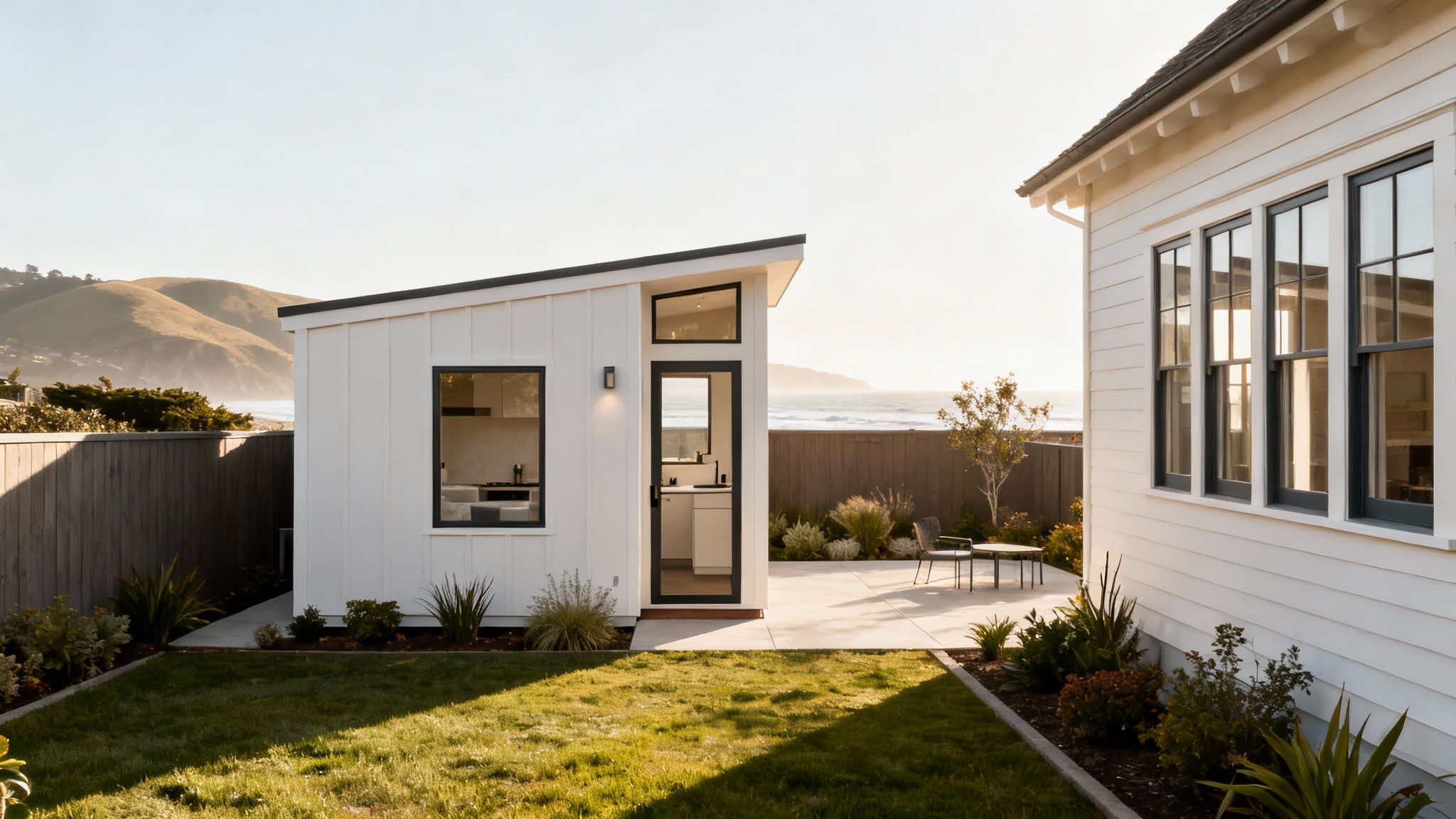 Modern white coastal property with a main house, ADU, green lawn, and ocean view.