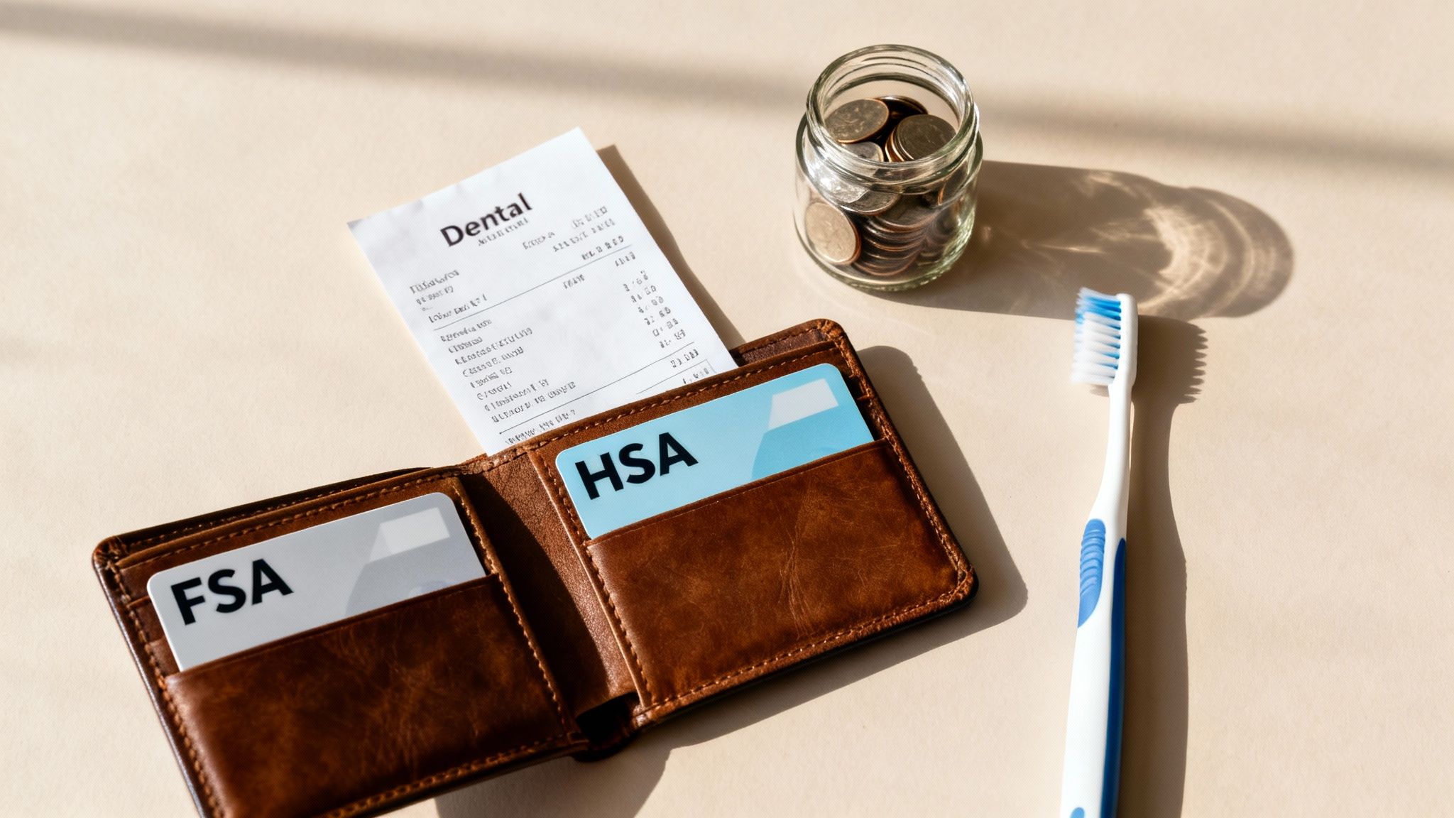 A dental bill, FSA and HSA cards in a wallet, coins in a jar, and a toothbrush.