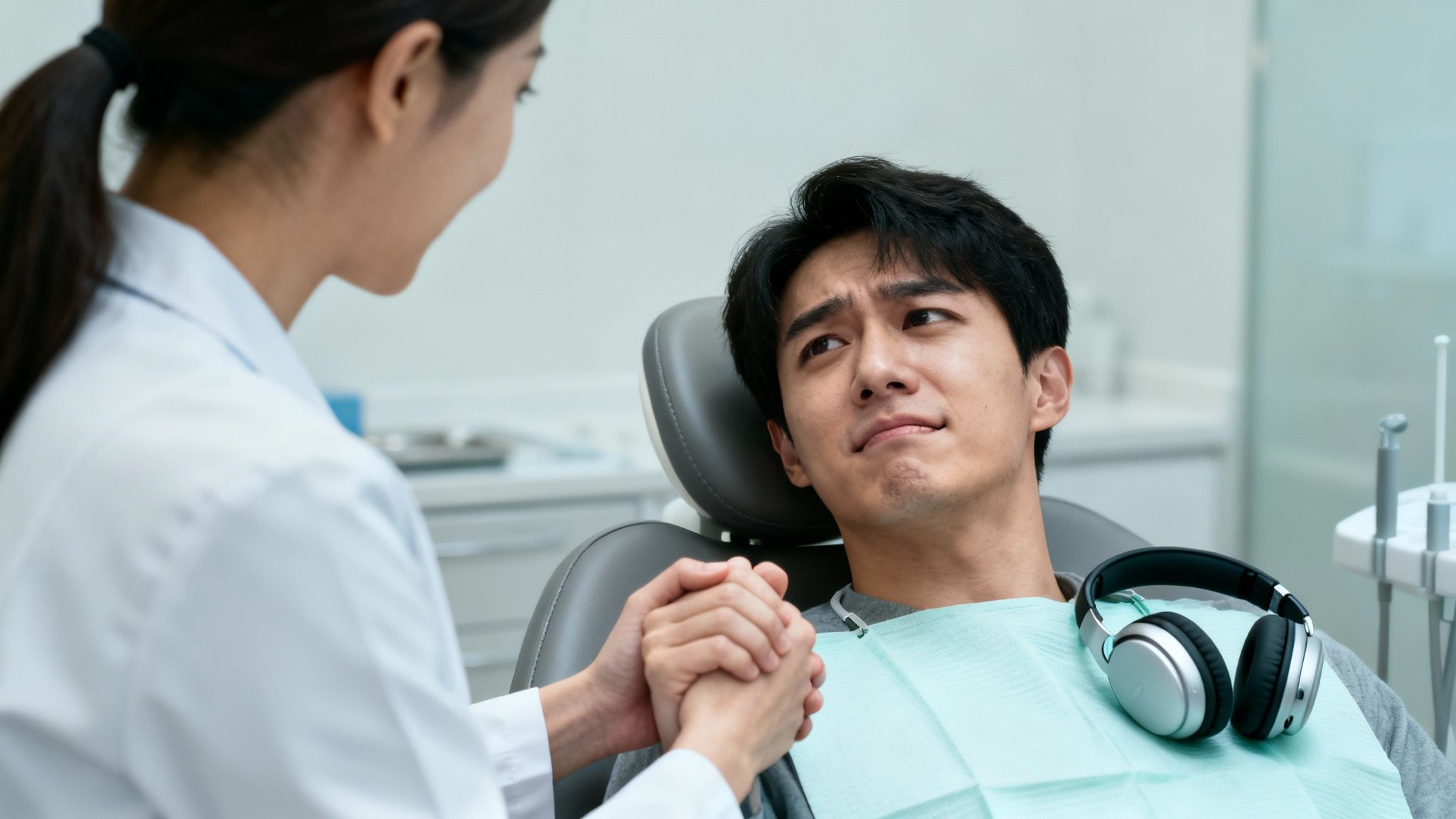 A kind dentist holding the hand of a nervous male patient in a dental chair.