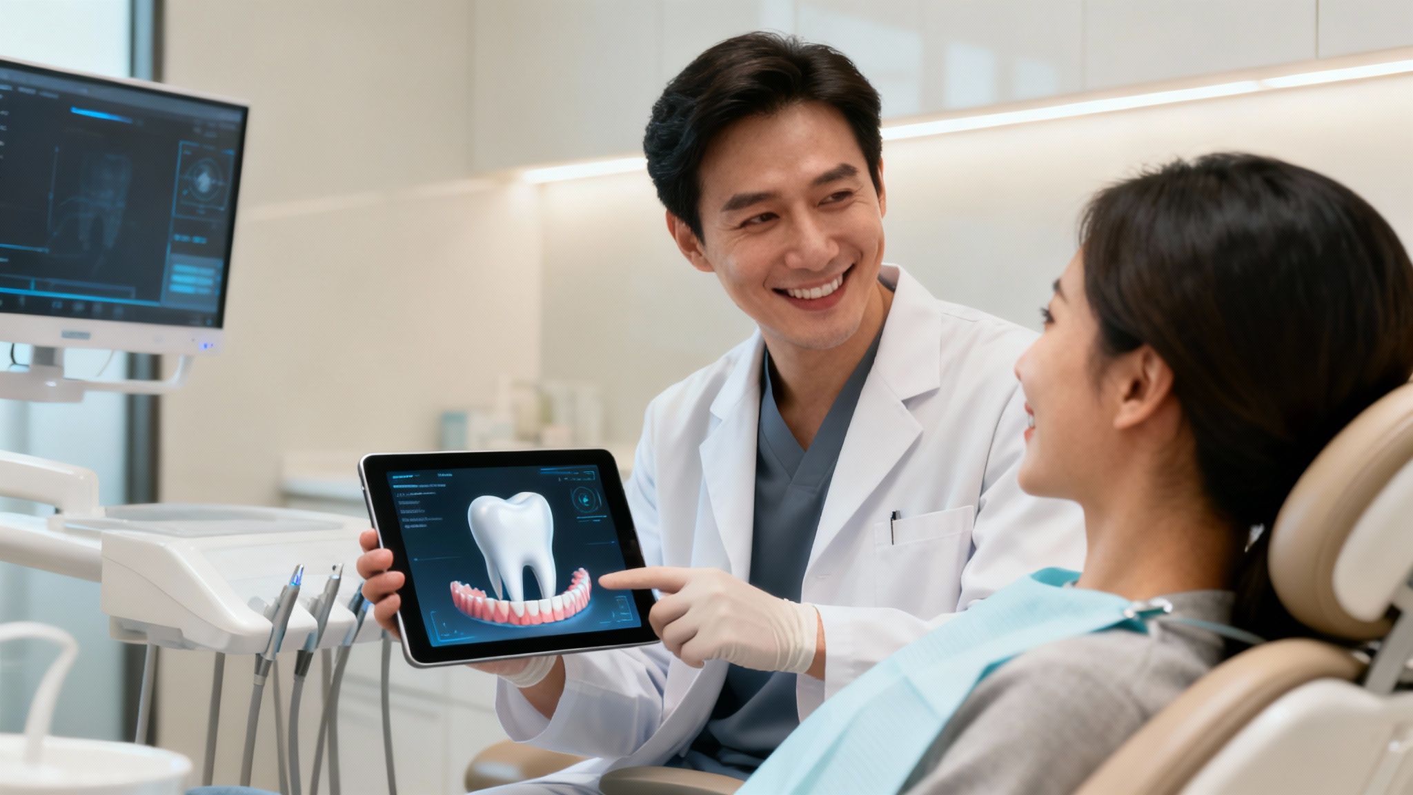 Smiling dentist showing a 3D tooth model on a tablet to a happy female patient.