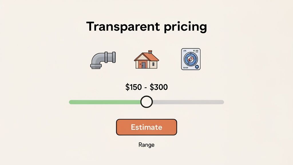 Transparent pricing with icons for plumbing, home, and appliance services, a price range slider and estimate button.
