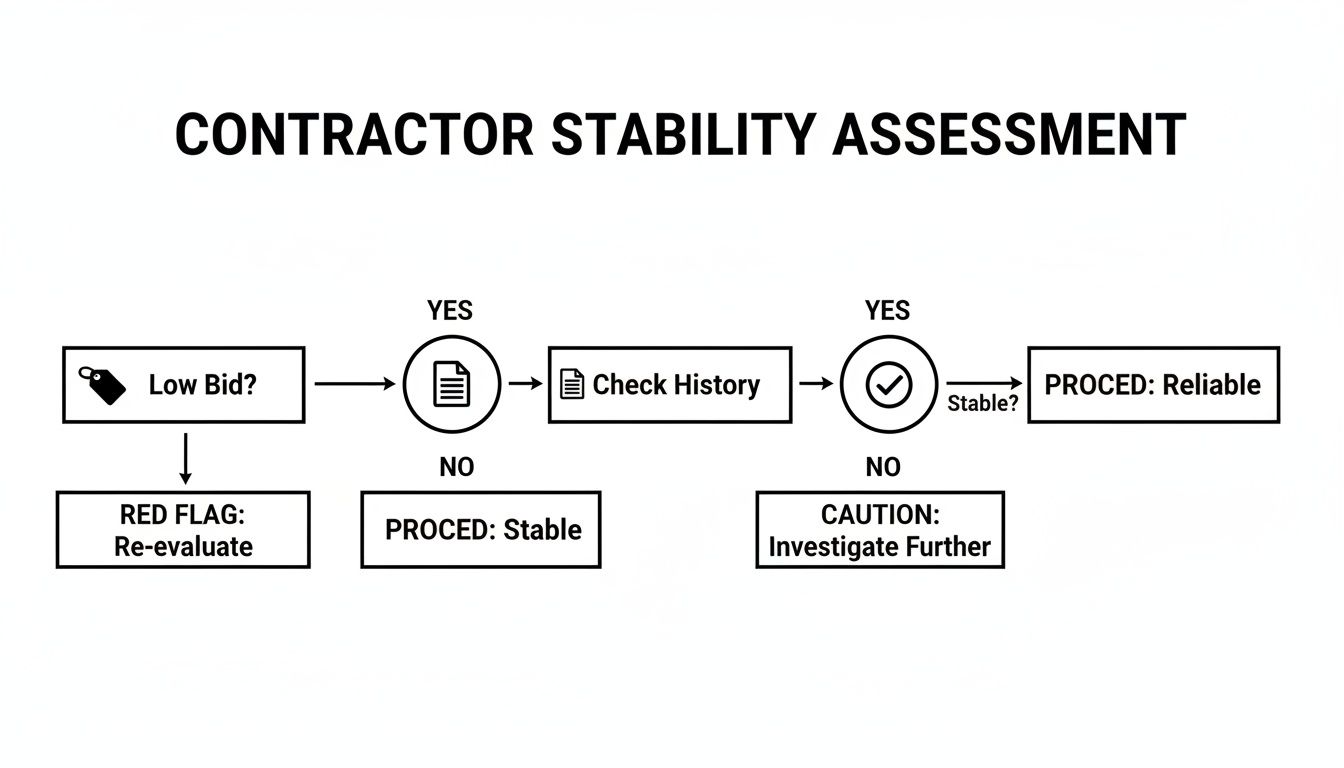 Flowchart detailing a contractor stability assessment process, evaluating bids, history, and reliability.