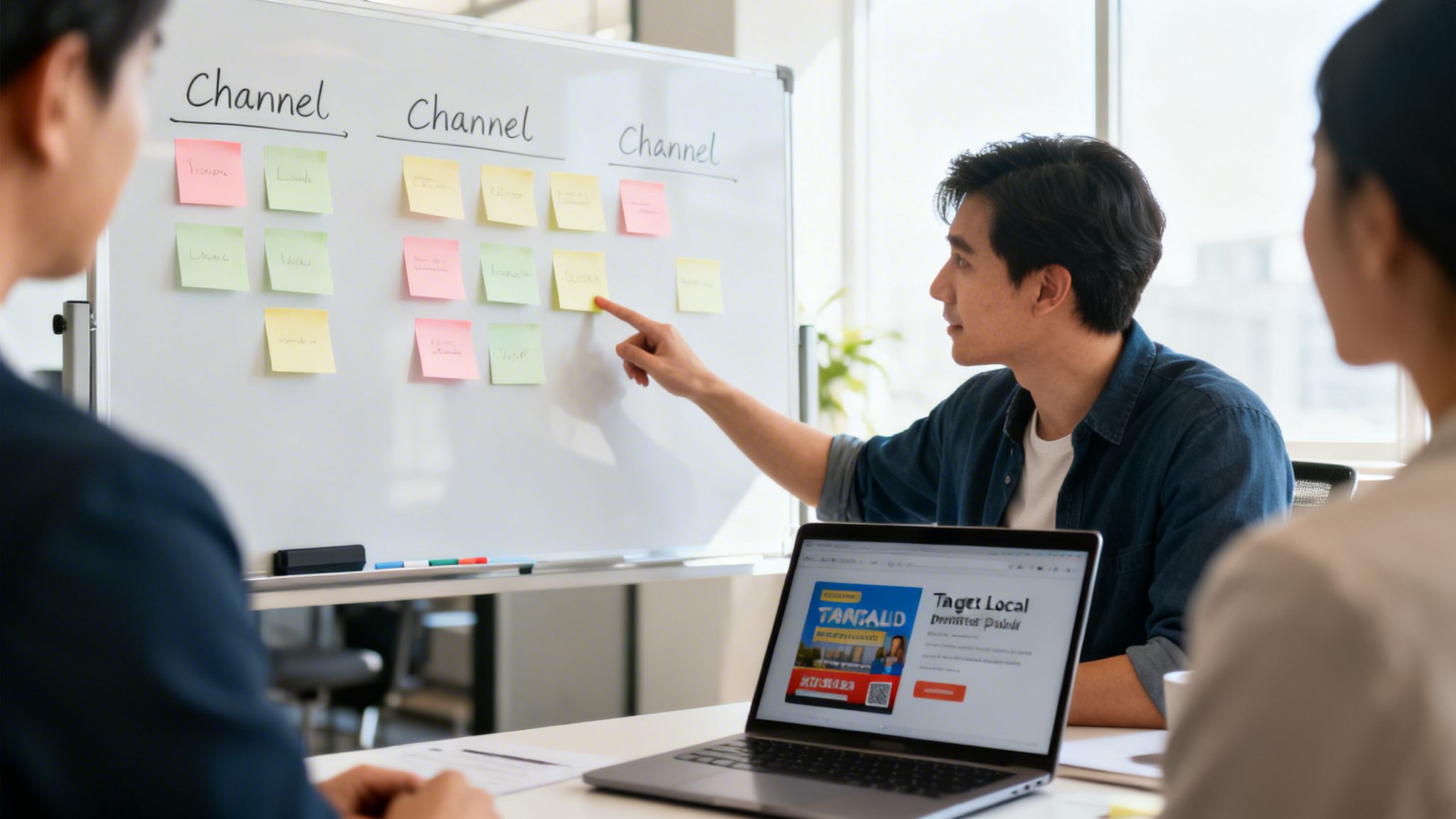 A man points at sticky notes on a whiteboard during a business meeting, next to a laptop displaying marketing content.