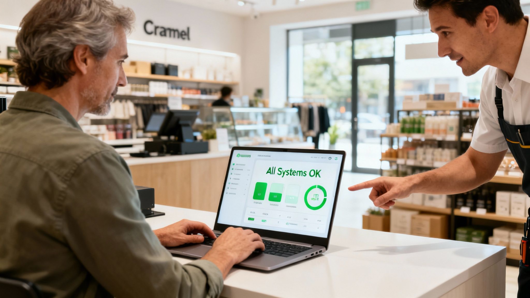 Business owner and tech support worker reviewing a laptop's "All Systems OK" display in a shop.
