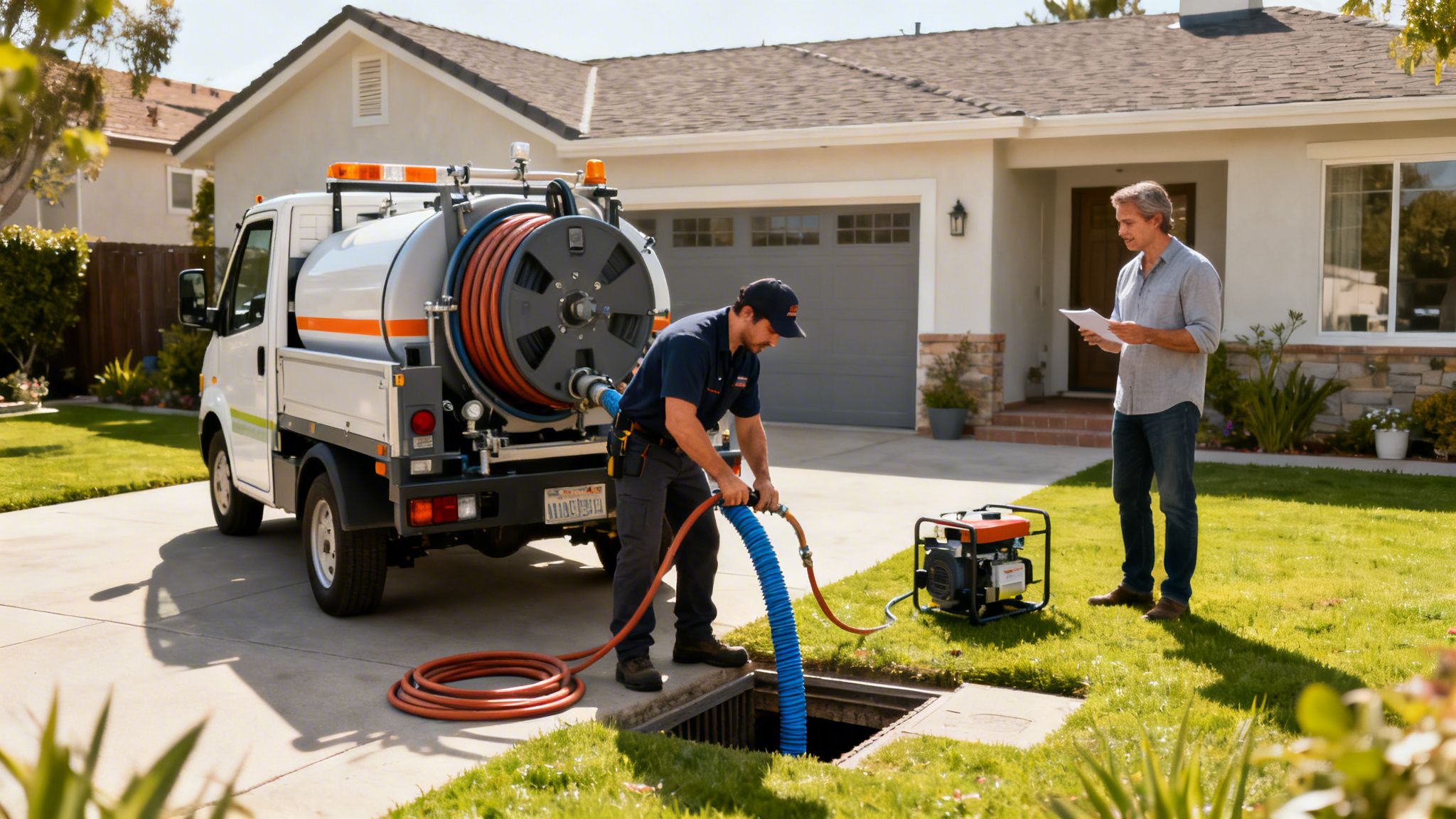 A service technician uses specialized equipment from a truck to clear a residential drain.