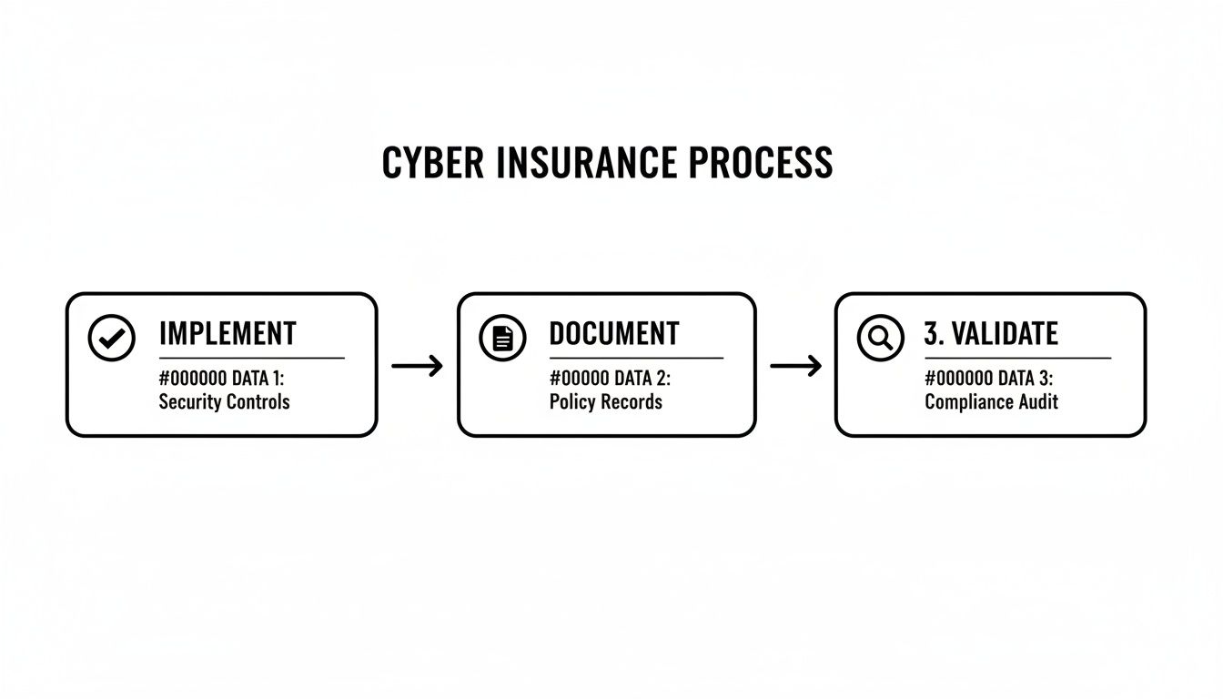 A clear diagram illustrating the Cyber Insurance Process with three key steps: Implement, Document, and Validate.