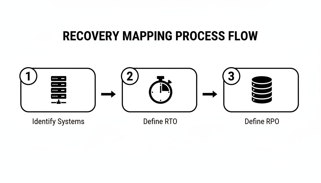 A three-step recovery mapping process flow diagram showing identifying systems, defining RTO, and defining RPO.