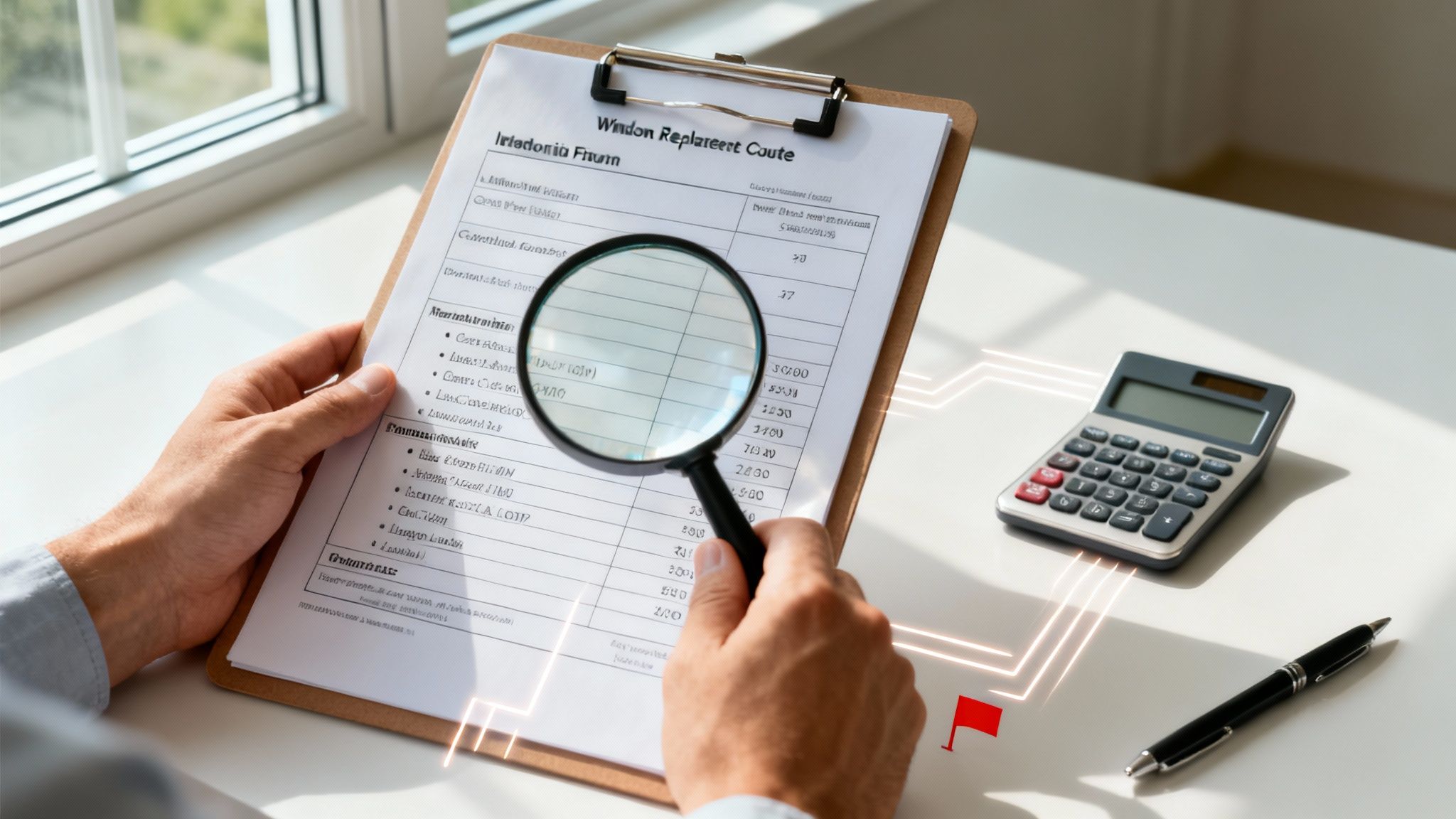 A person uses a magnifying glass to review a window replacement quote on a clipboard, with a calculator and pen nearby.