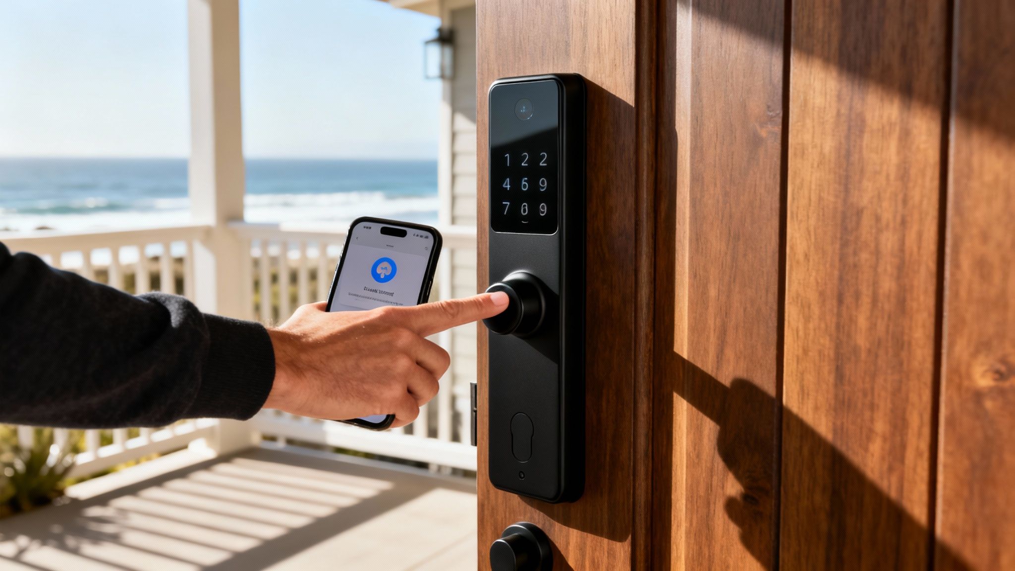 Person unlocking a smart door lock with a smartphone app, ocean view in background.