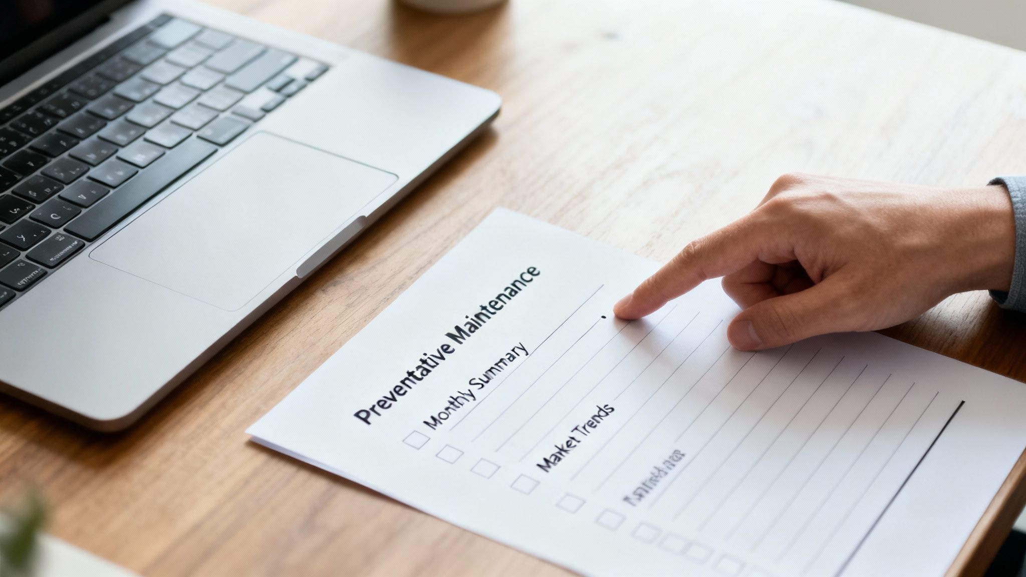 A hand points to a 'Preventative Maintenance' document next to a laptop, indicating planning or task management.