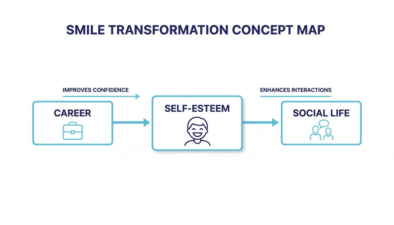 Concept map illustrating how smile transformation improves confidence, career, self-esteem, and social life.