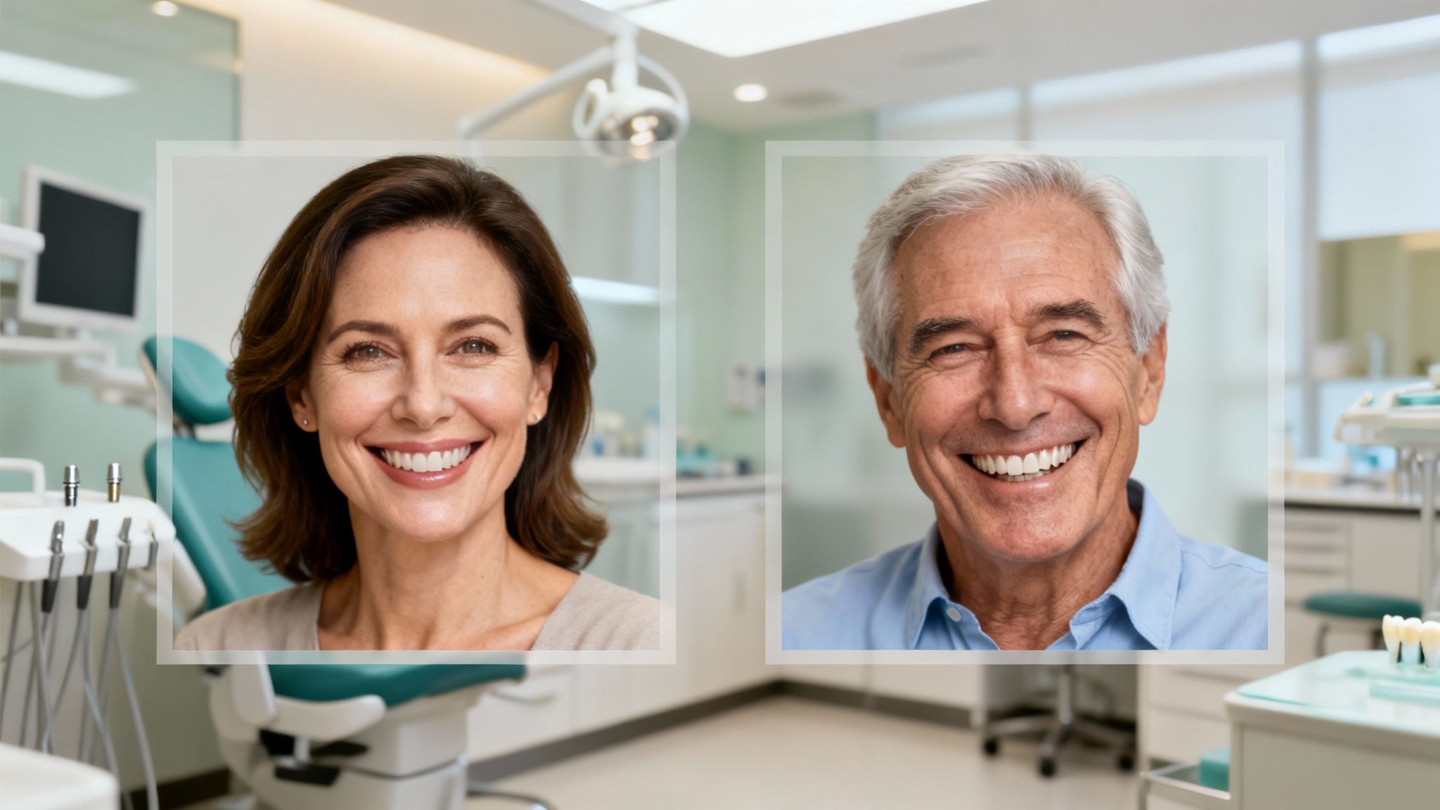 Two smiling patients, a woman and an older man, happy after dental treatment in a modern clinic.
