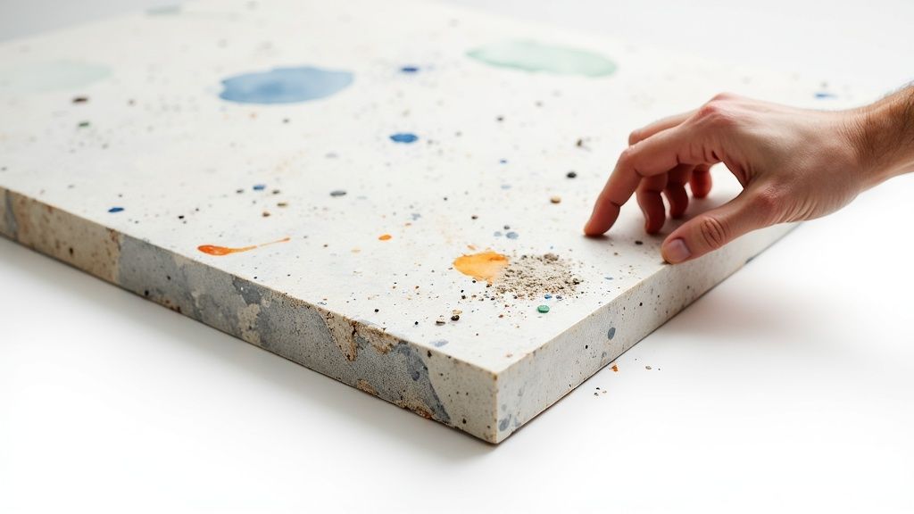 A human hand explores a concrete-like surface featuring colorful splatters and recycled bits.