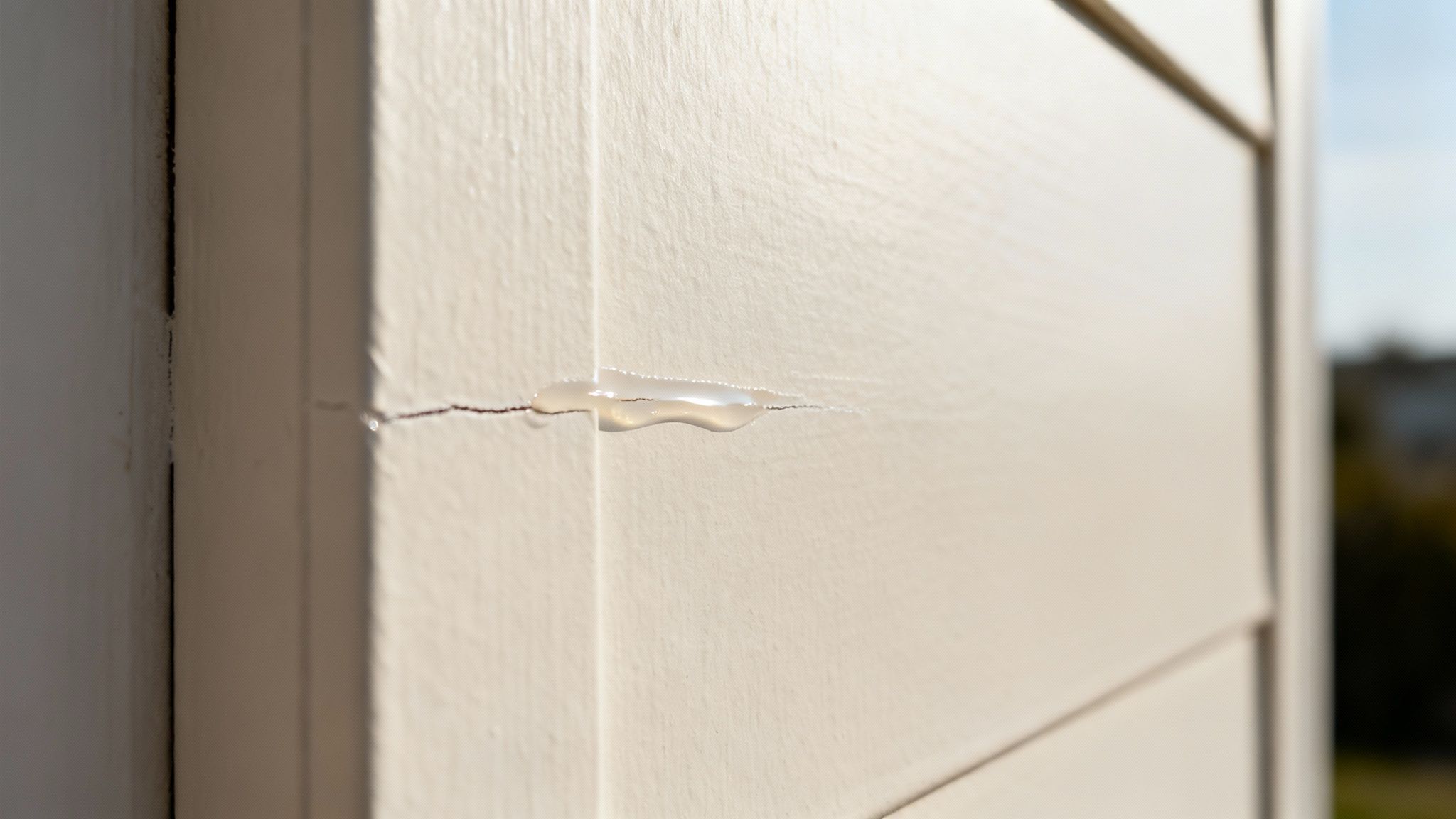 A horizontal crack in light-colored building siding filled with a clear, wet sealant.