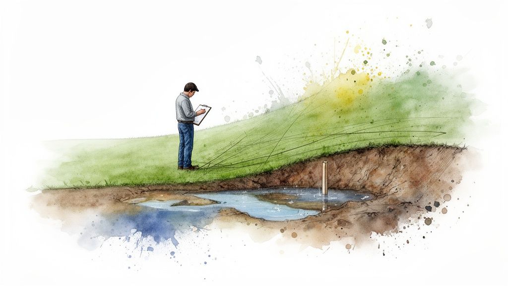 A man taking notes on a clipboard while observing a pond and land cross-section.