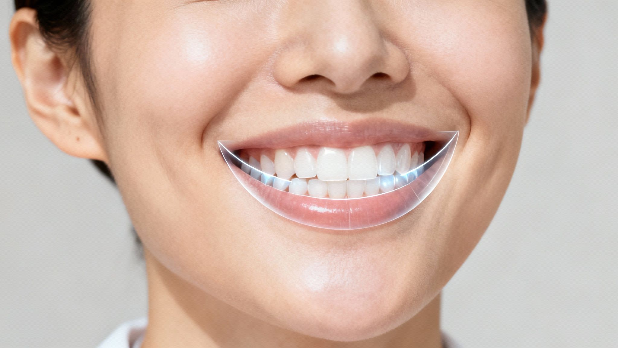 Smiling person showing bright white teeth with a digital graphic overlay for dental benefits.