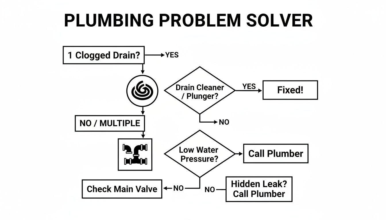 A flowchart titled 'Plumbing Problem Solver' guiding users on how to address common plumbing issues.
