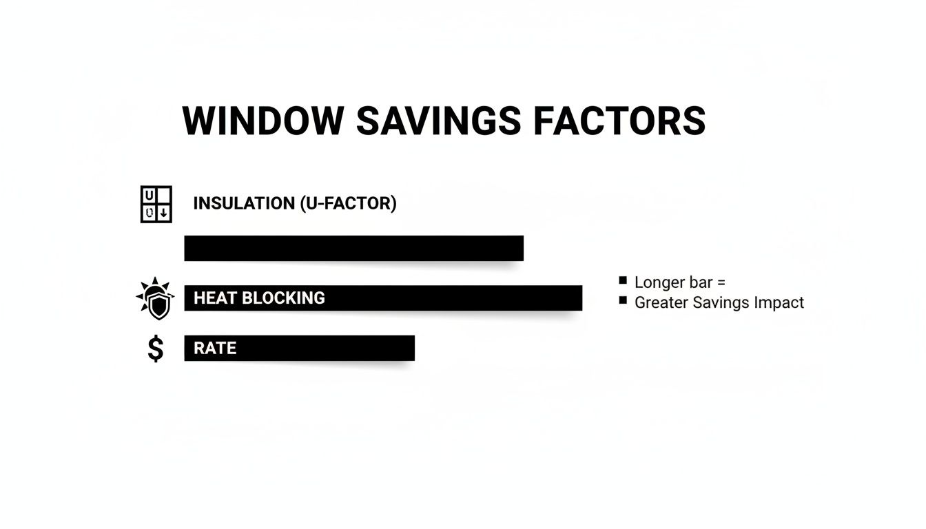 Chart illustrating window savings factors: Insulation, Heat Blocking, and Rate, indicating impact.
