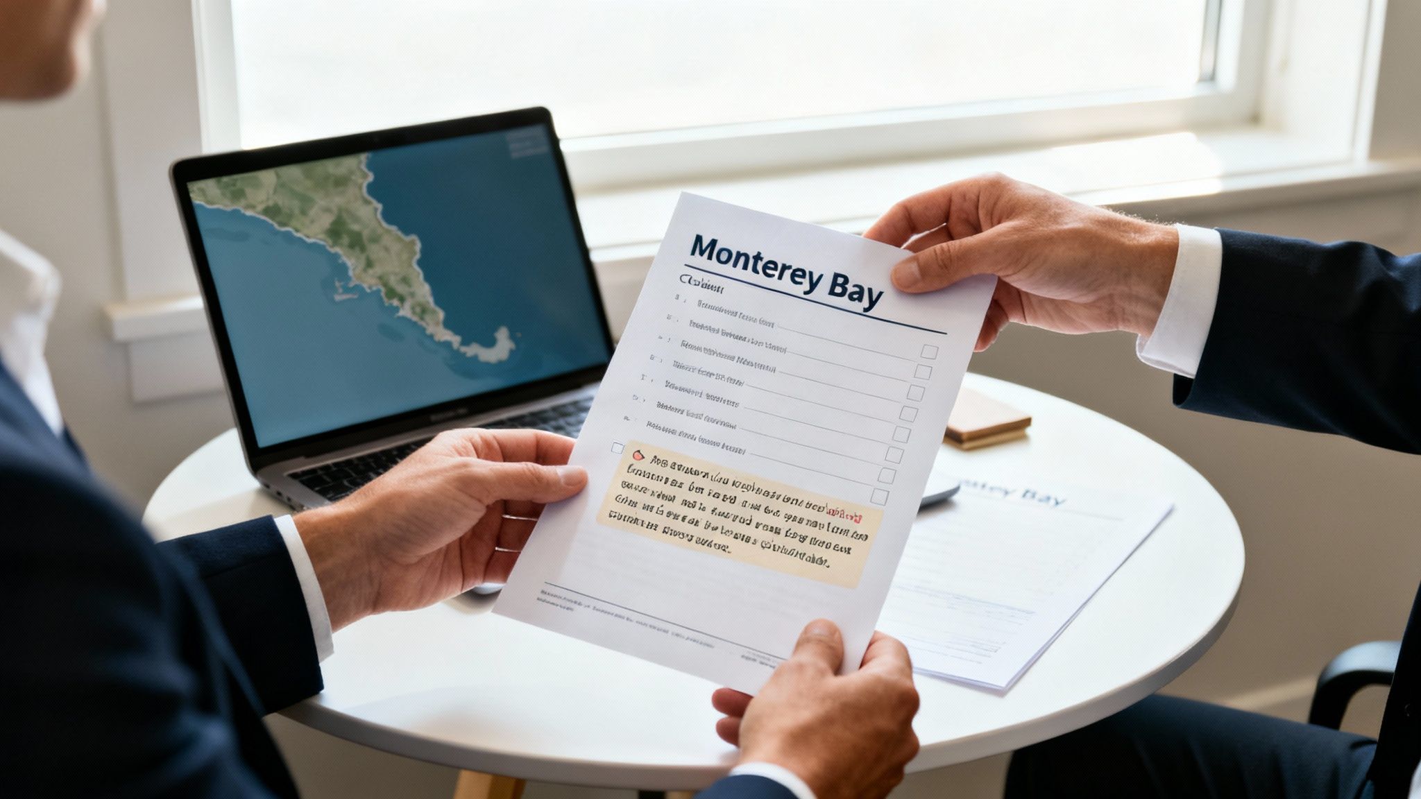 Two people reviewing a document titled 'Monterey Bay' with a laptop displaying a map.