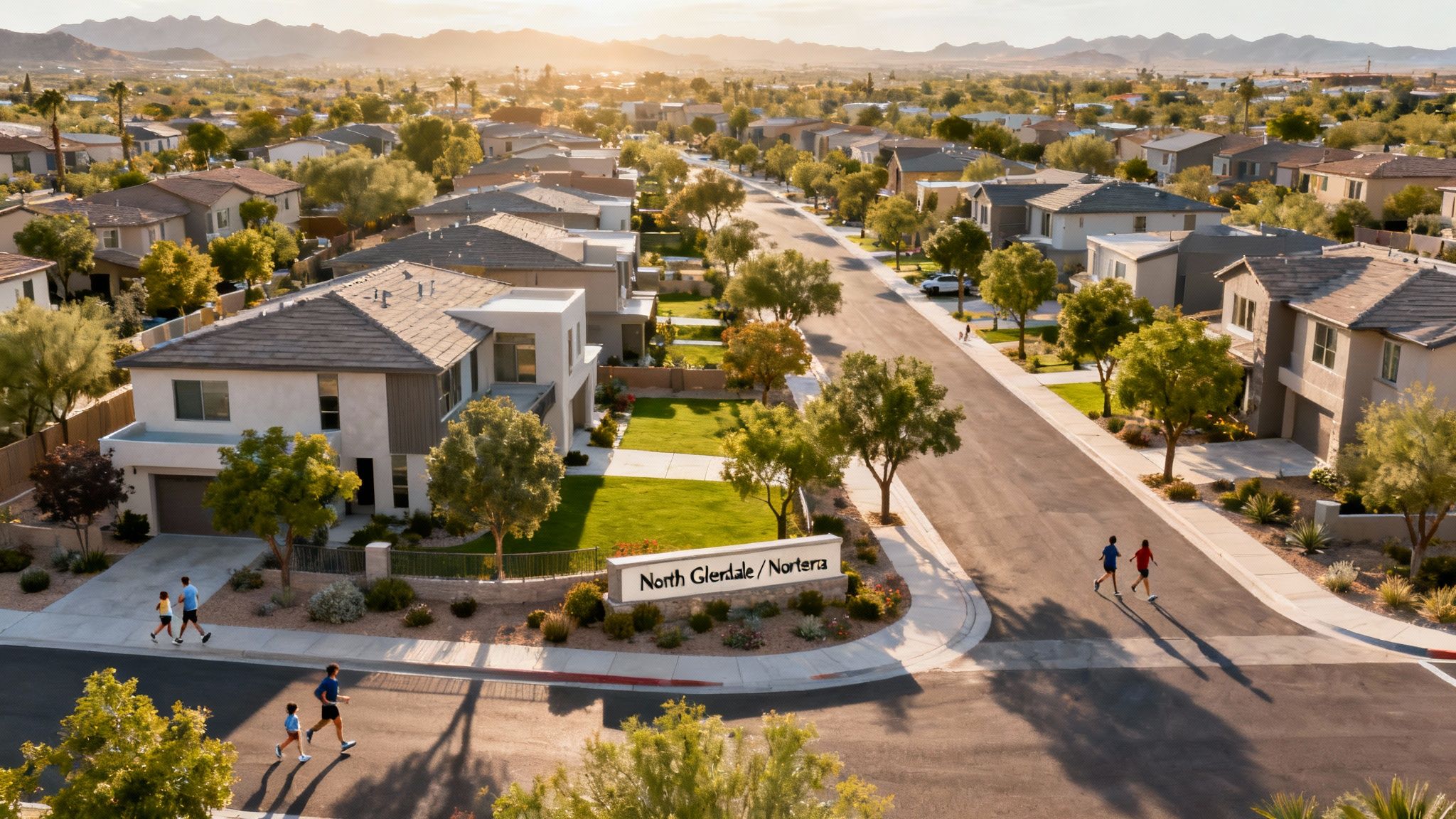 A vibrant, modern North Glendale neighborhood street with families and professionals walking.