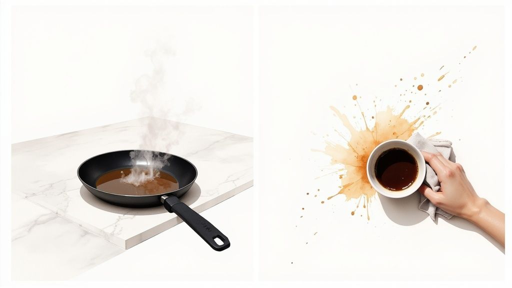 Two contrasting scenes: a steaming pan on a marble counter and a coffee cup spilling onto a white surface.