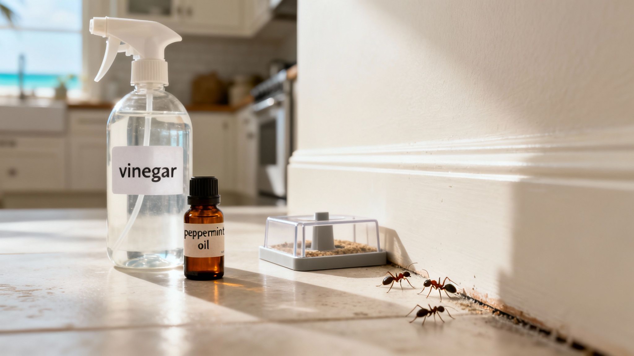 DIY ant control with vinegar spray, peppermint oil, and an ant trap in a home.