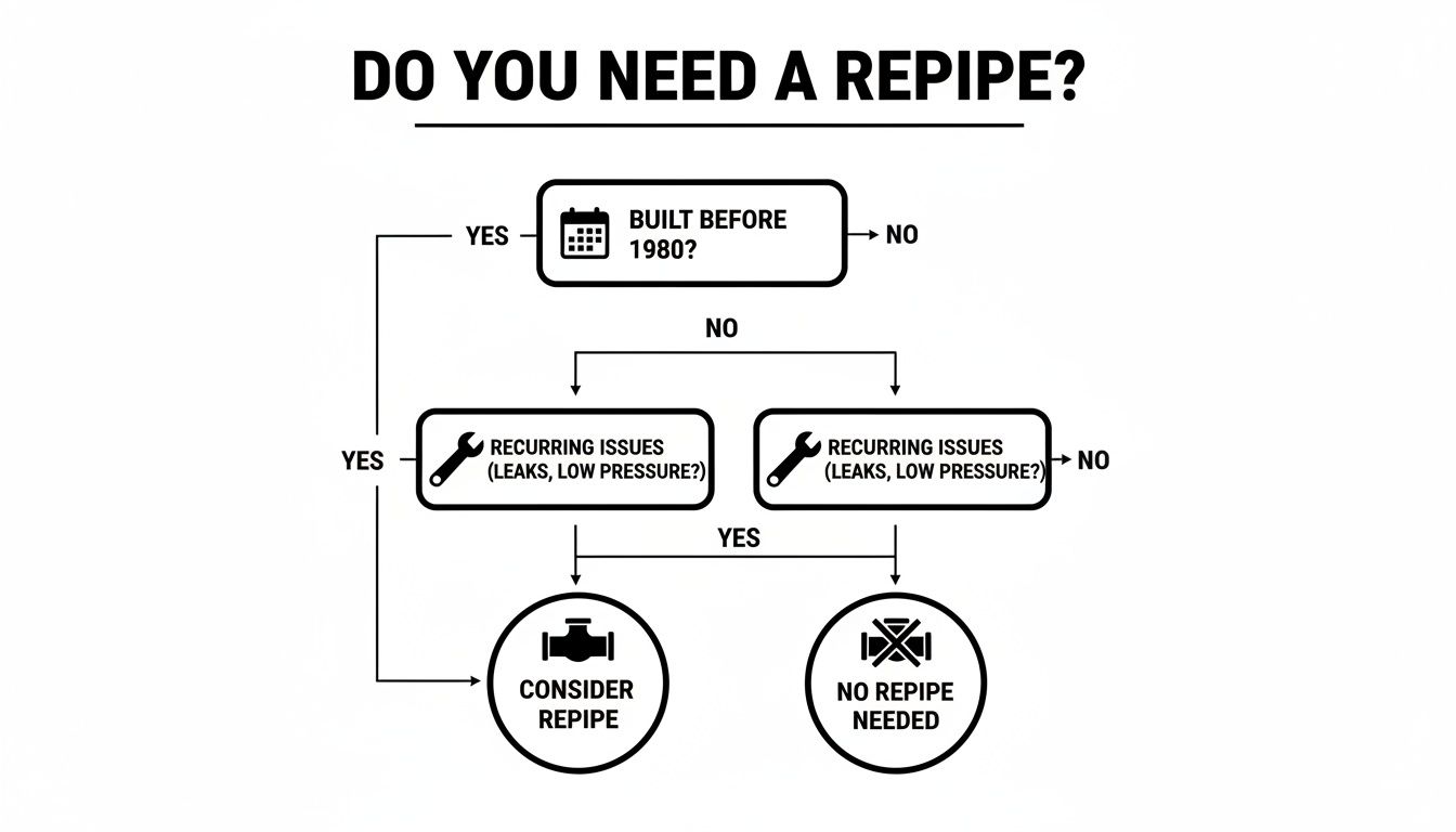Does My Older Monterey Home Really Need a Full Re-pipe? 1 Flowchart determining if a property needs repiping based on its age and recurring plumbing issues.