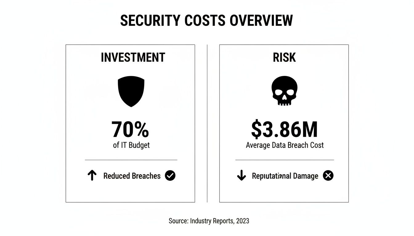 Security costs overview showing investment benefits like reduced breaches and risks like data breach costs and reputational damage.